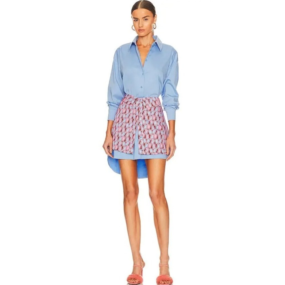 Alexis Zadie Dress Blue Pink Button Down Detachable Wrap Skirt Long Sleeve Sz S